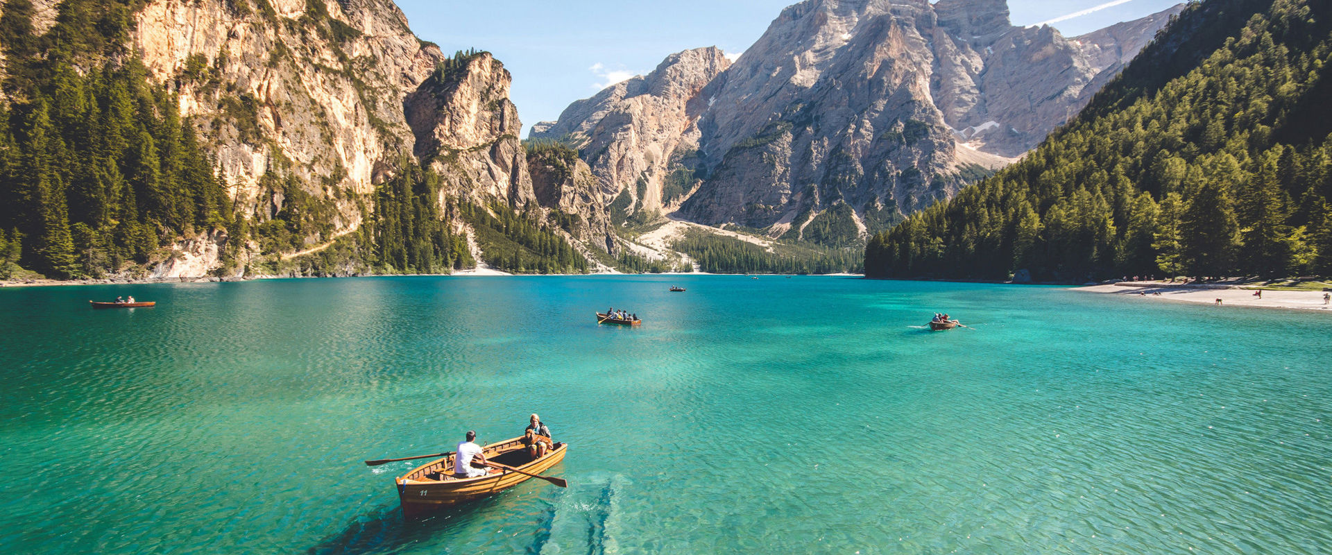 Lake Prags Boats on Lake Prags with Mt. Seekofel