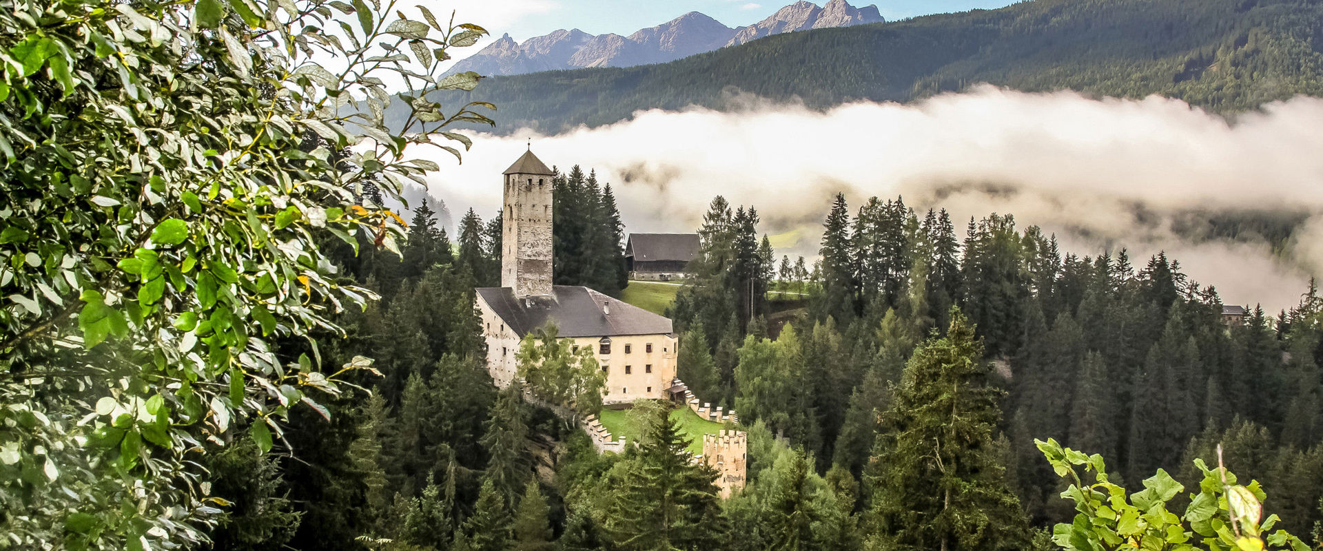 Welsperg Castle on a hill in the middle of the forest.